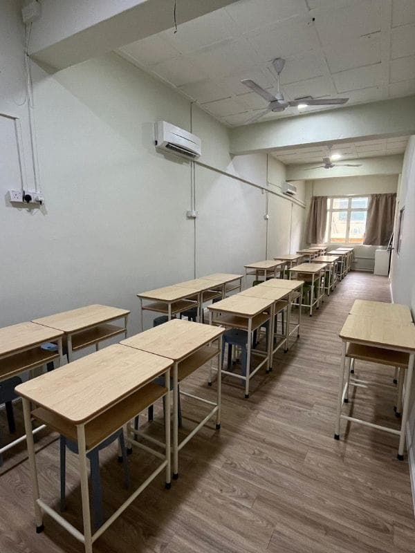 A refreshed classroom with desks ready for students